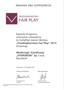 Dyplom - Przedsiębiorstwo Fair Play 2015